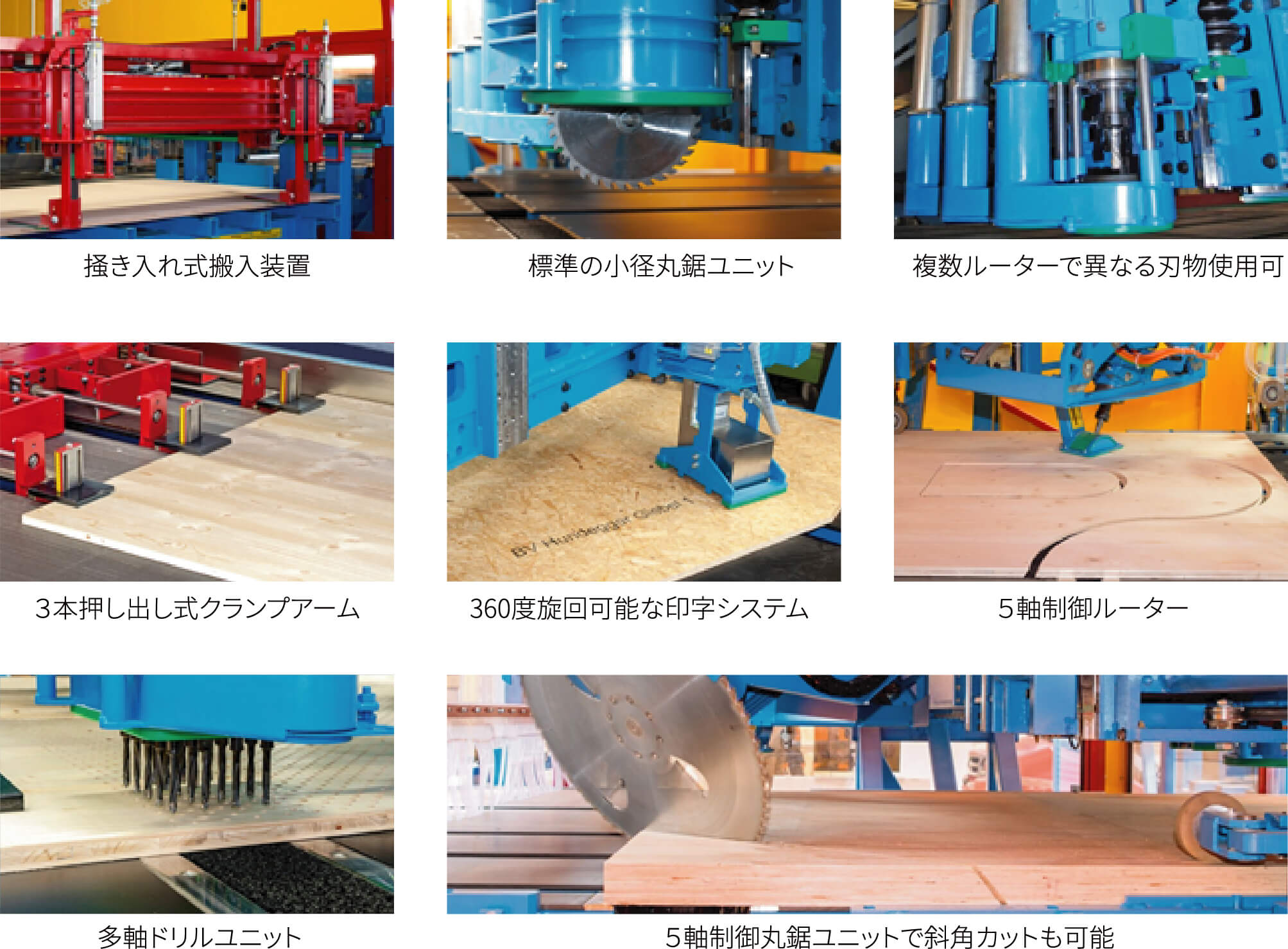 掻き入れ式搬入装置標準の小径丸鋸ユニット複数ルーターで異なる刃物使用可3本押し出し式クランプアーム360度旋回可能な印字システム5軸制御ルーター多軸ドリルユニット5軸制御丸鋸ユニットで斜角カットも可能